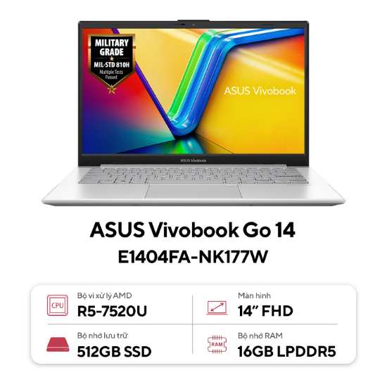 Ảnh của Laptop Asus Vivobook Go 14 E1404FA-NK177W (Ryzen 5 7520U | 16GB | 512GB | 14 inch FHD | AMD Radeon Graphics | Win 11 | Bạc)