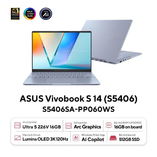 Ảnh của Laptop ASUS Vivobook S 14 OLED S5406SA-PP060WS (Intel Core Ultra 5 226V | 16GB | 512GB | Intel Arc | 14 inch 3K OLED| Win 11 | Office | Xanh)