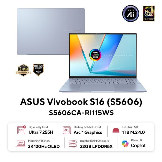 Ảnh của Laptop ASUS Vivobook S 16 S5606CA-RI115WS (Intel Core Ultra 7 255H | 32GB | 1TB | Intel Arc | 16 inch 3K OLED | Win 11 | Office | Xanh)