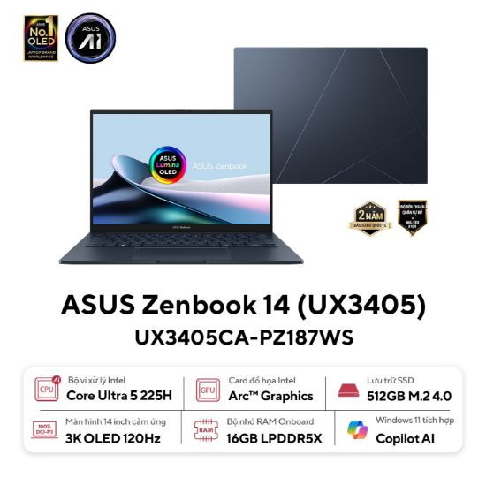 Ảnh của Laptop Asus Zenbook 14 UX3405CA-PZ187WS (Intel Core Ultra 5 225H | 16GB | 512GB | Intel Arc | 14 inch 3K OLED | Win 11 | Office | Xanh)