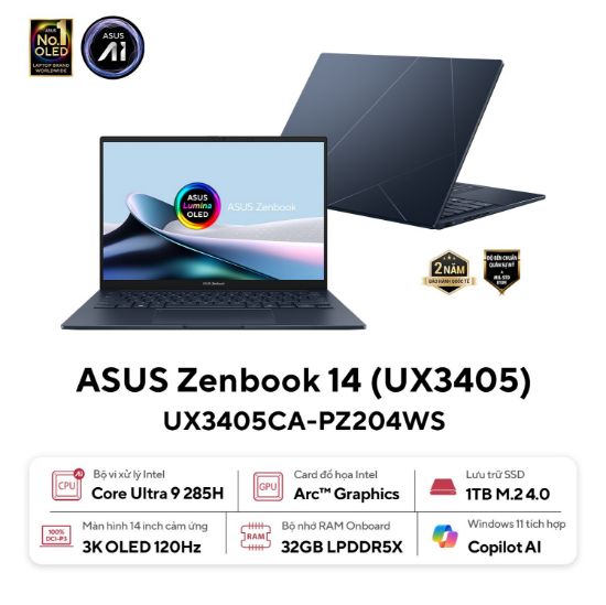 Ảnh của Laptop Asus Zenbook 14 UX3405CA-PZ204WS (Intel Core Ultra 9 285H | 32GB | 1TB | Intel Arc | 14 inch 3K OLED | Cảm ứng | Win 11 | Office | Xanh)