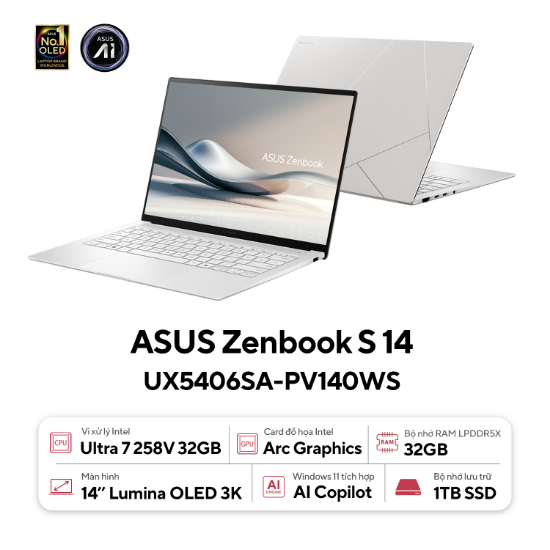 Ảnh của Laptop Asus Zenbook S 14 OLED UX5406SA-PV140WS (Intel Core Ultra 7 Processor 258V | 14 inch 3K OLED | Intel Arc | 32GB | 1TB | Win 11 | Office |Trắng)